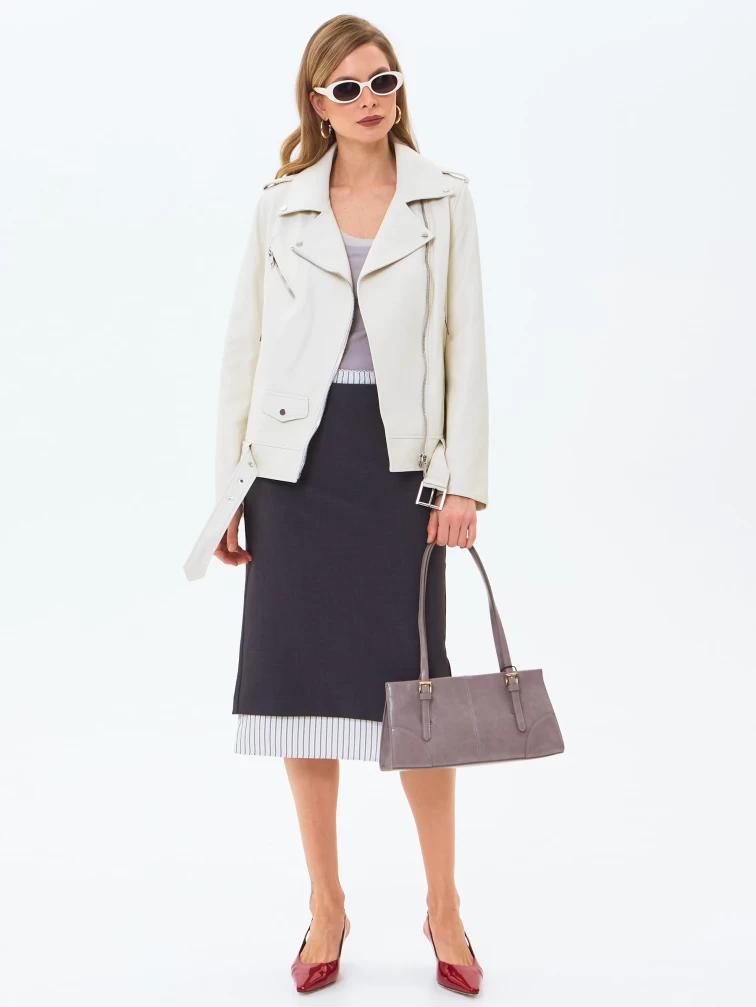 Кожаная женская куртка косуха с поясом премиум класса 3078, белая, размер 42, артикул 24520-1