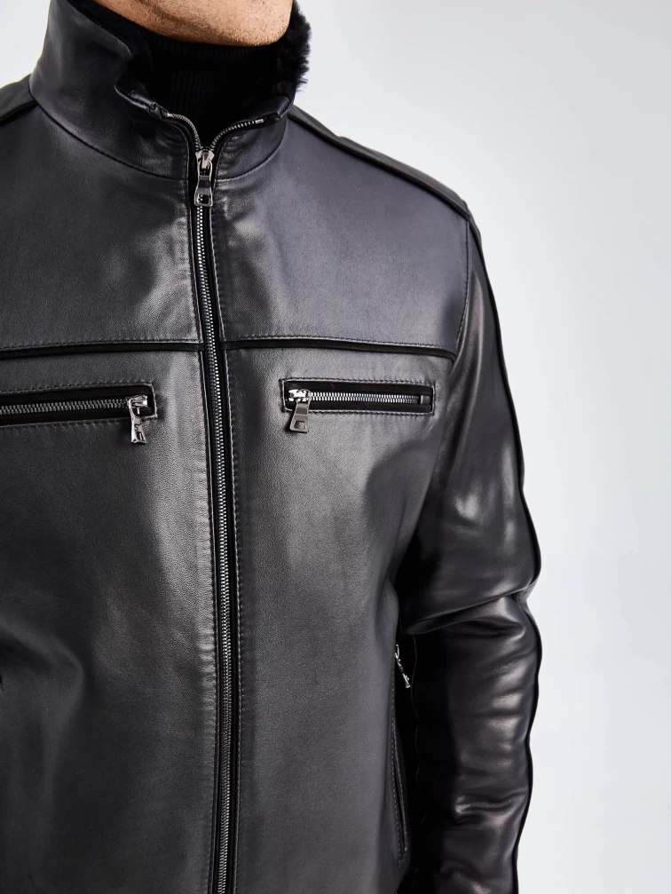 Короткая кожаная мужская дубленка бомбер 515, черная, размер 50, артикул 40261-4