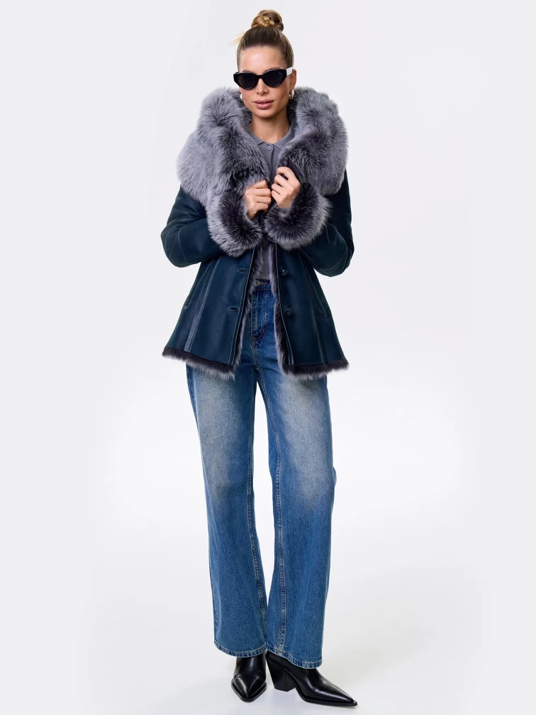 Короткая женская дубленка из тосканы с капюшоном 122, синяя, размер 40, артикул 14871-7