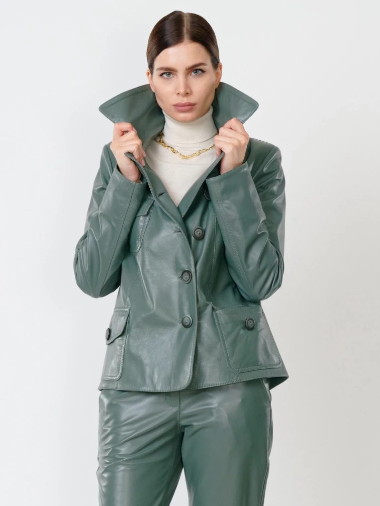 Кожаная куртка пиджак женская 302, оливковый, размер 46, артикул 90800-5