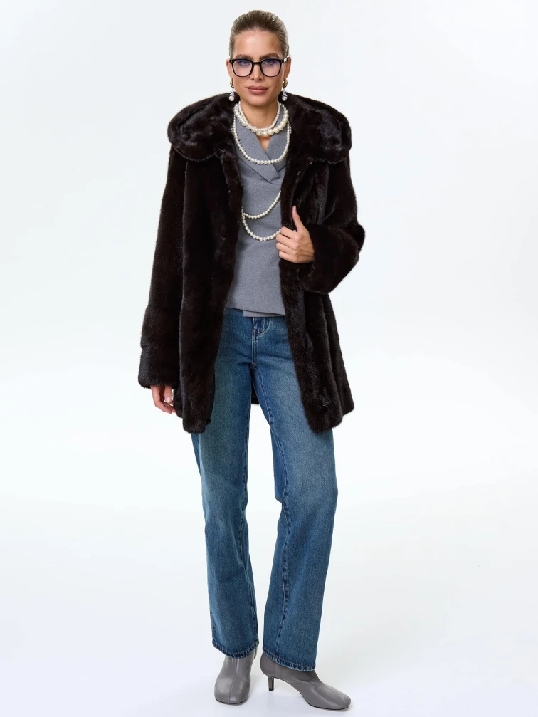 Короткая женская норковая шуба автоледи с капюшоном Елена(к), черная, размер 52, артикул 64540-6