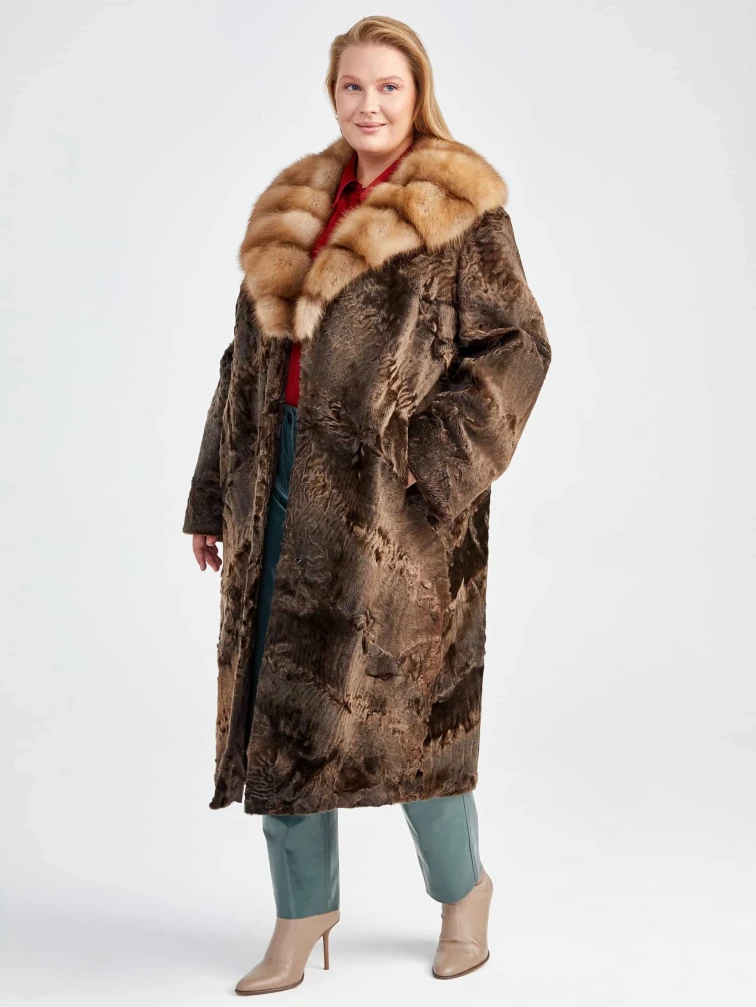 Шуба женская из меха каракуля с мехом куницы Екатерина(вк), коричневая сур, размер 54, артикул  22740-1