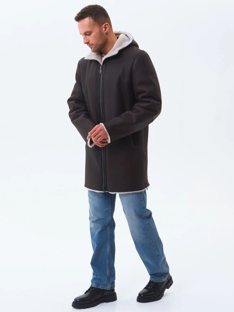 Длинная мужская дубленка из натуральной овчины премиум класса 438, коричневая, размер 48, артикул 41180-7