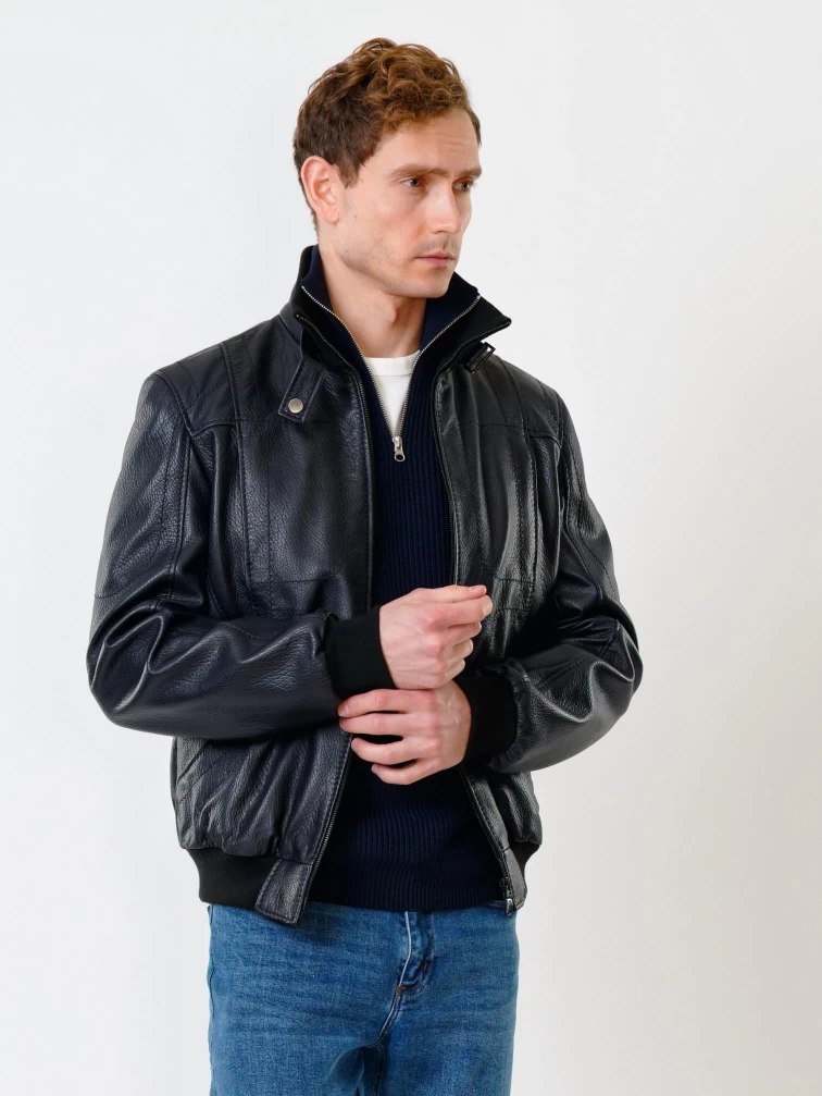 Кожаная куртка бомбер мужская премиум класса 521, синяя, размер 50, артикул 28560-0