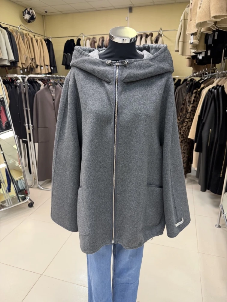 Полупальто кашемировое женское с капюшоном 1132-70, темно-серое, размер 50, артикул 92540-0