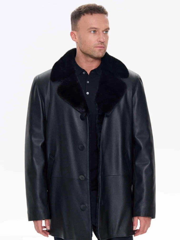 Зимняя кожаная куртка с норковым воротником для мужчин премиум класса 21/1мех, черная, размер 50, артикул 41170-7