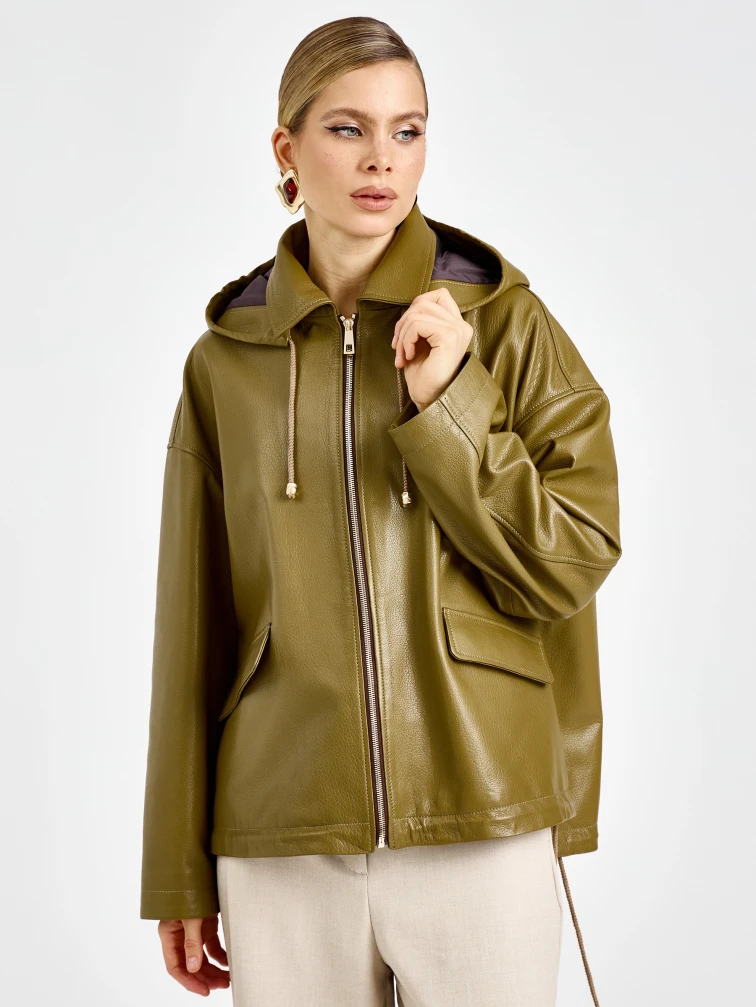 Женская кожаная куртка с капюшоном премиум класса 3102, зеленая, размер 44, артикул 92160-0