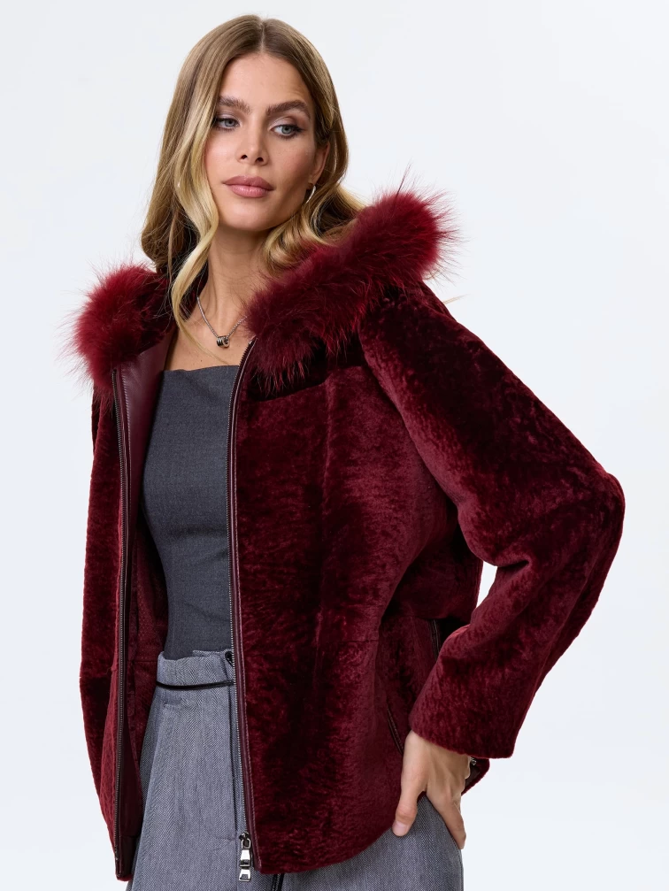 Женская дубленка из астрагана с капюшоном 48мех, бордовая, размер 48, артикул 64600-3