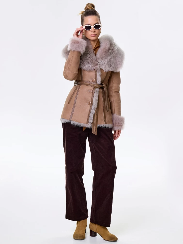 Короткая женская дубленка из тосканы с капюшоном 122, бежевая, размер 40, артикул 61451-1