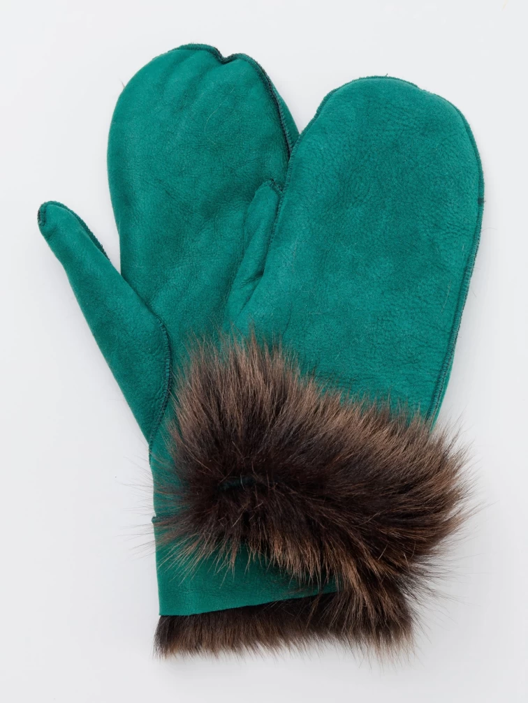 Варежки из овчины меховой женские, зеленые, размер One Size, артикул 20370-0