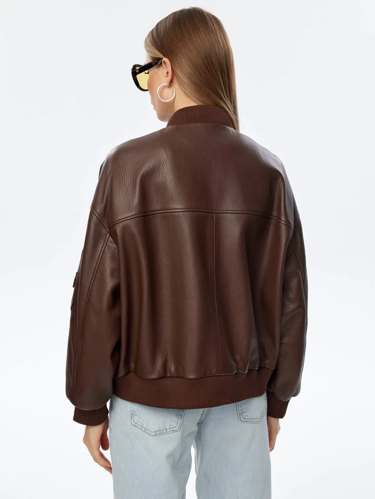 Короткая кожаная куртка бомбер для женщин премиум класса 3064, коричневая, размер 46, артикул 24030-5