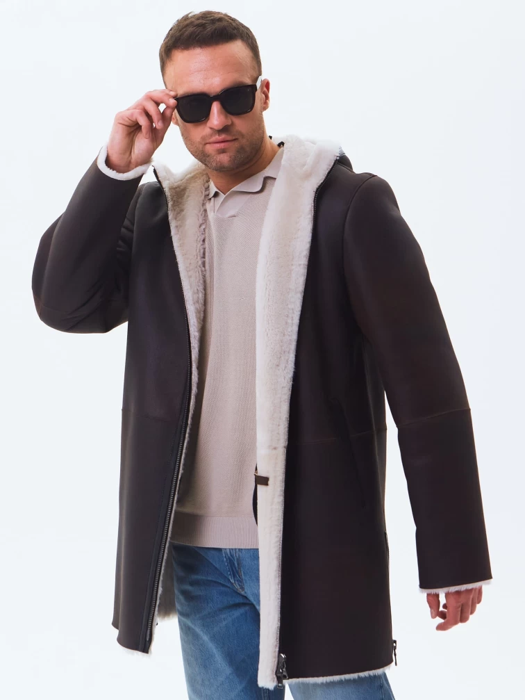 Длинная мужская дубленка из натуральной овчины премиум класса 438, коричневая, размер 48, артикул 41180-4