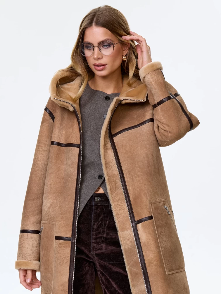 Длинное женское пальто с капюшоном из натуральной овчины премиум класса 2061, светло-коричневое, размер 44, артикул 64440-4