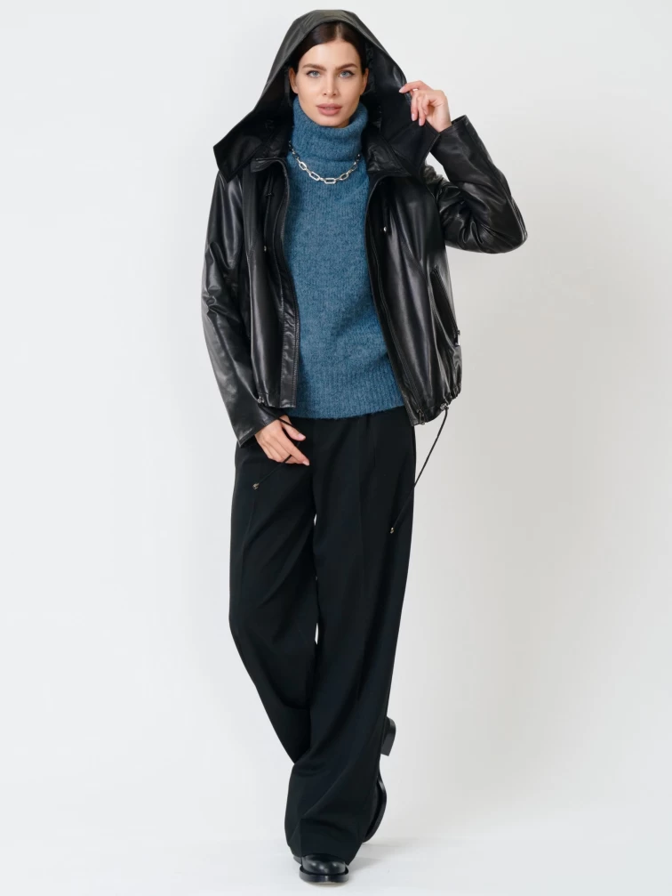 Кожаная женская куртка бомбер с капюшоном 305, черная, размер 46, артикул 90820-3