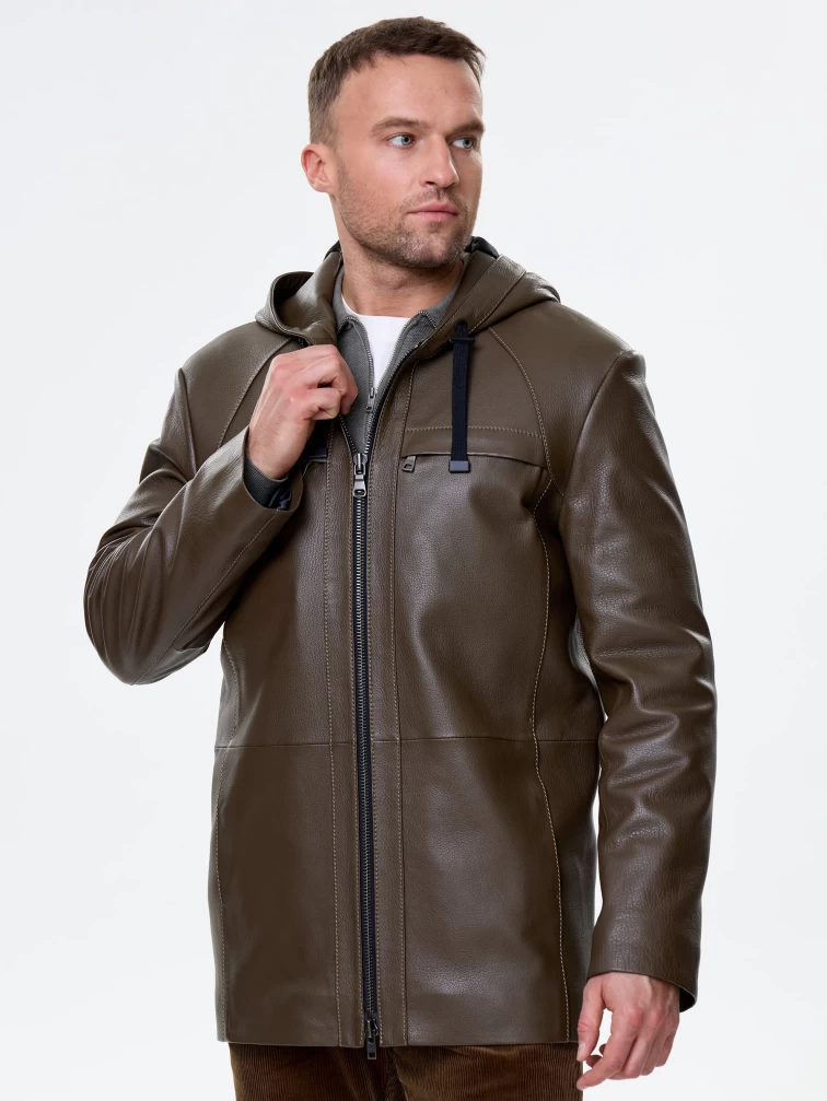 Мужская кожаная куртка с капюшоном премиум класса 552, хаки, размер 52, артикул 41130-2