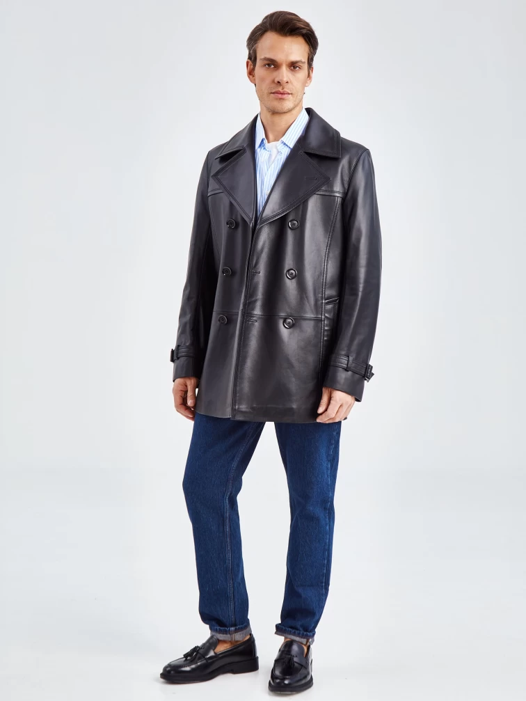 Мужской двубортный кожаный бушлат 525, черный, размер 50, артикул 41080-4