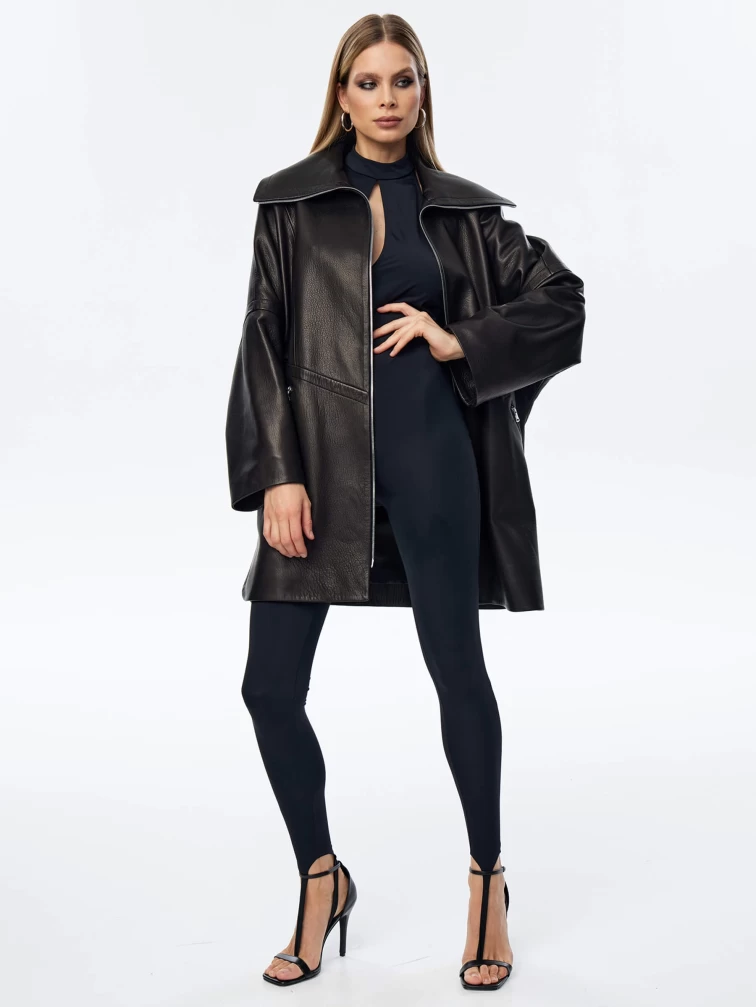 Кожаный плащ оверсайз на молнии для женщин премиум класса 3057, черный, размер 52, артикул 23520-1