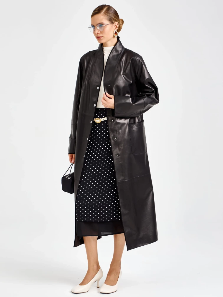 Длинный женский кожаный плащ премиум класса 3099, черный, размер 48, артикул 92120-7