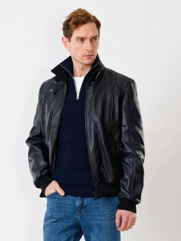 Кожаная куртка бомбер мужская премиум класса 521, синяя, размер 50, артикул 28560-3