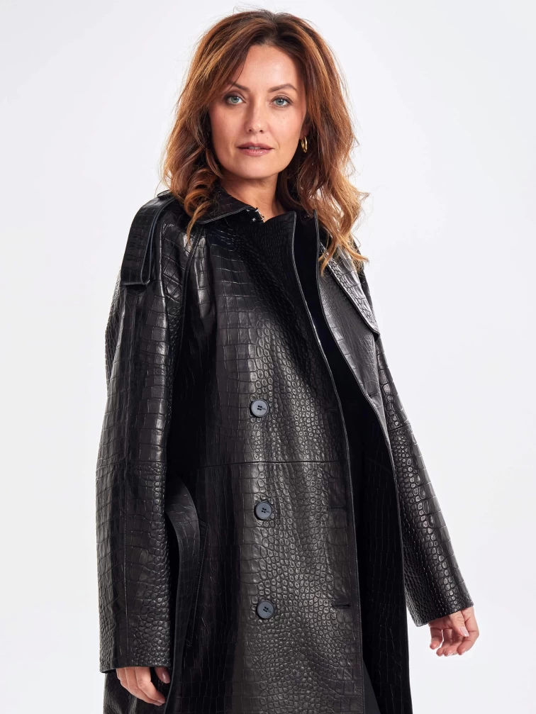 Кожаное пальто с принтом под крокодила премиум класса для женщин 3071, черное, размер 54, артикул 63350-6