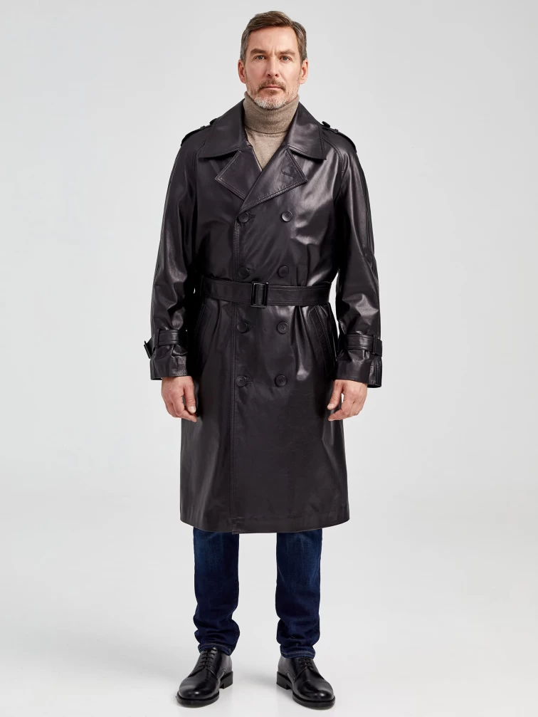 Мужской двубортный кожаный плащ премиум класса 553, черный, размер 52, артикул 40541-3