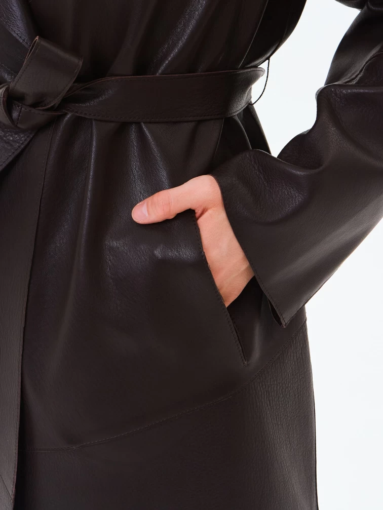 Длинный женский кожаный плащ премиум класса 3081, коричневый, размер 50, артикул 24660-3