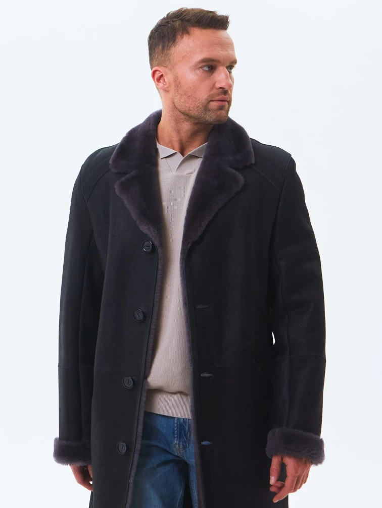 Длинная классическая мужская дубленка премиум класса 407, черная, размер 50, артикул 70440-4