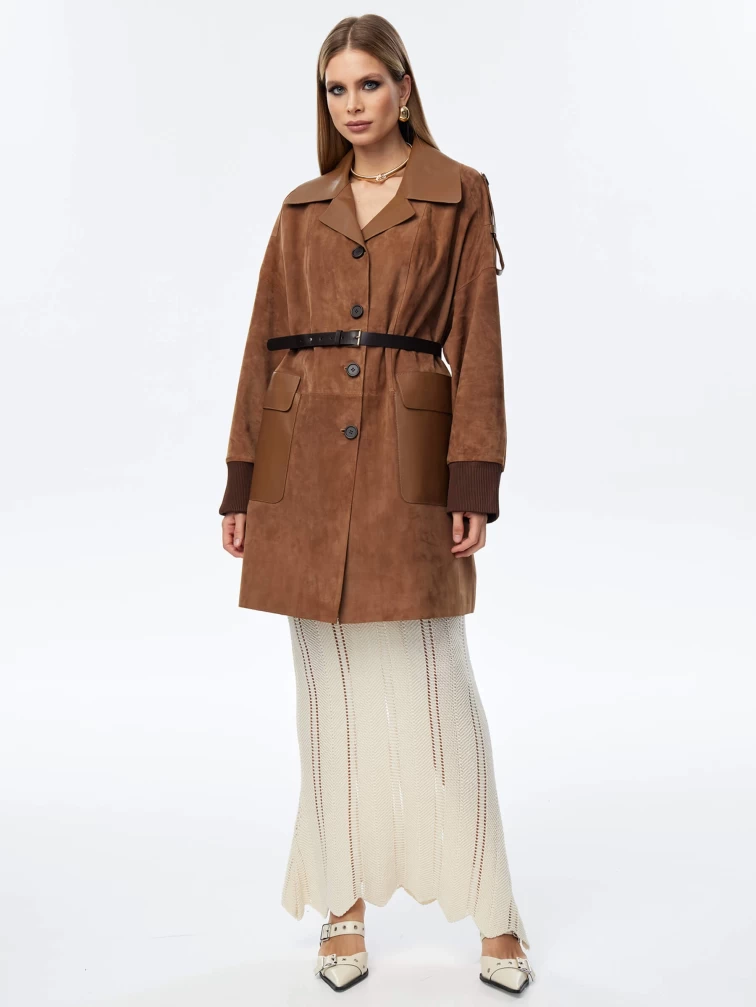 Замшевый короткий женский плащ оверсайз с поясом премиум класса 3063з, светло-коричневый, размер 48, артикул 23750-0