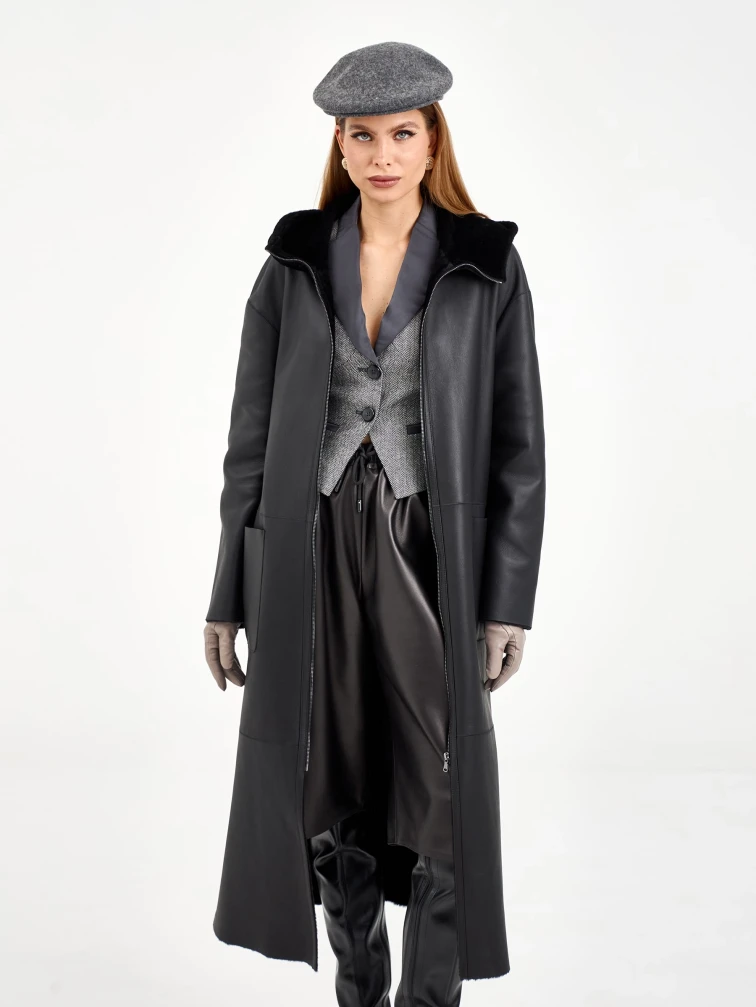 Длинная женская дубленка с капюшоном 2071, черная, размер 50, артикул 65060-2