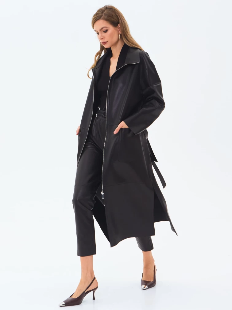 Длинный женский кожаный плащ премиум класса 3082, черный, размер 46, артикул 24560-1