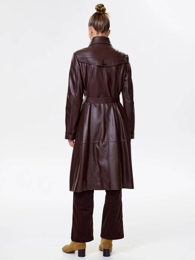 Кожаный двубортный женский плащ с поясом 3003, ореховый, размер 48, артикул 15650-7