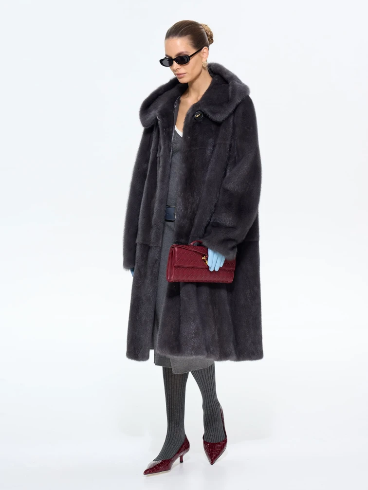 Длинная женcкая шуба с капюшоном Классика-687, графитовая, размер 62, артикул 65440-6
