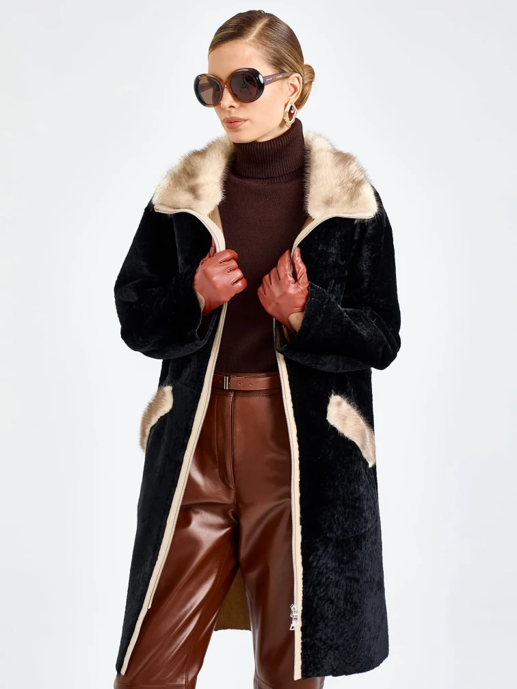 Черная женская дубленка из астрагана с мехом норки премиум класса 2018, размер 44, артикул 65140-4