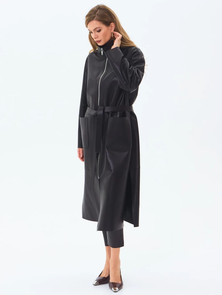 Длинный женский кожаный плащ премиум класса 3082, черный, размер 46, артикул 24560-4