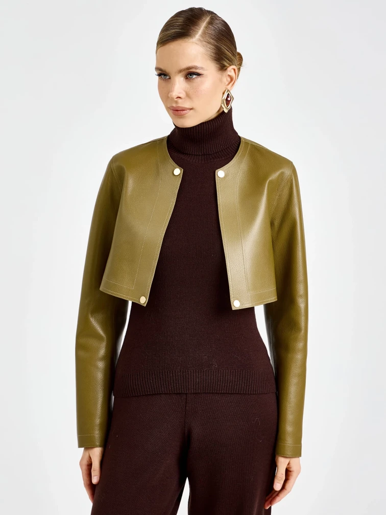 Зеленый женский длинный кожаный плащ премиум класса 3103, размер 44, артикул 92130-6