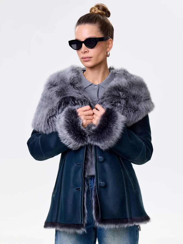 Короткая женская дубленка из тосканы с капюшоном 122, синяя, размер 40, артикул 14871-0