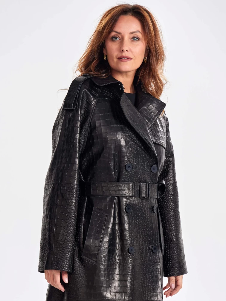 Кожаное пальто с принтом под крокодила премиум класса для женщин 3071, черное, размер 54, артикул 63350-5
