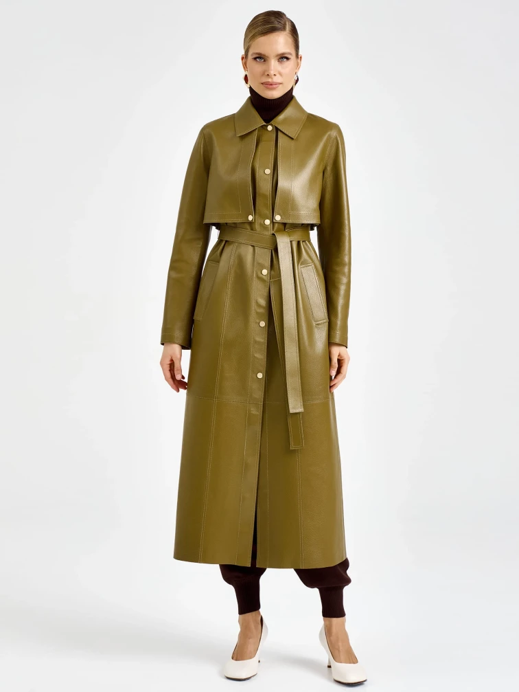 Зеленый женский длинный кожаный плащ премиум класса 3103, размер 44, артикул 92130-4