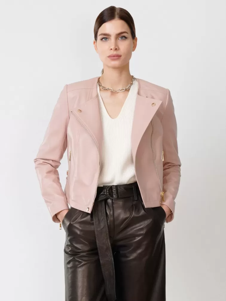 Кожаная женская куртка косуха 389, пудровая, размер 44, артикул 90910-0