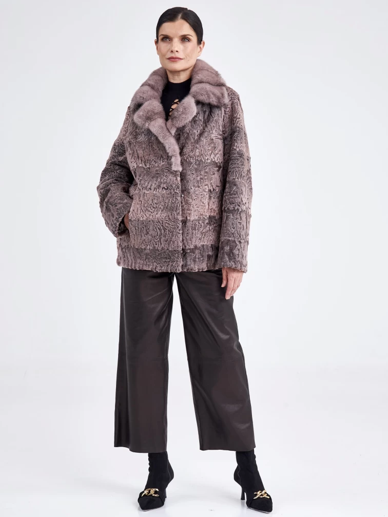 Короткая женская шуба из меха каракуля с воротником из меха норки 19007(ав), розовая, размер 48, артикул 33190-5