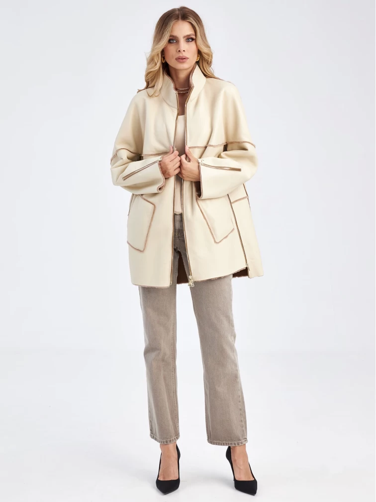 Женская дубленка оверсайз на молнии премиум класса 2036, бежевая, размер 48, артикул 62900-5