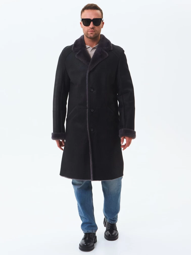 Длинная классическая мужская дубленка премиум класса 407, черная, размер 50, артикул 70440-0