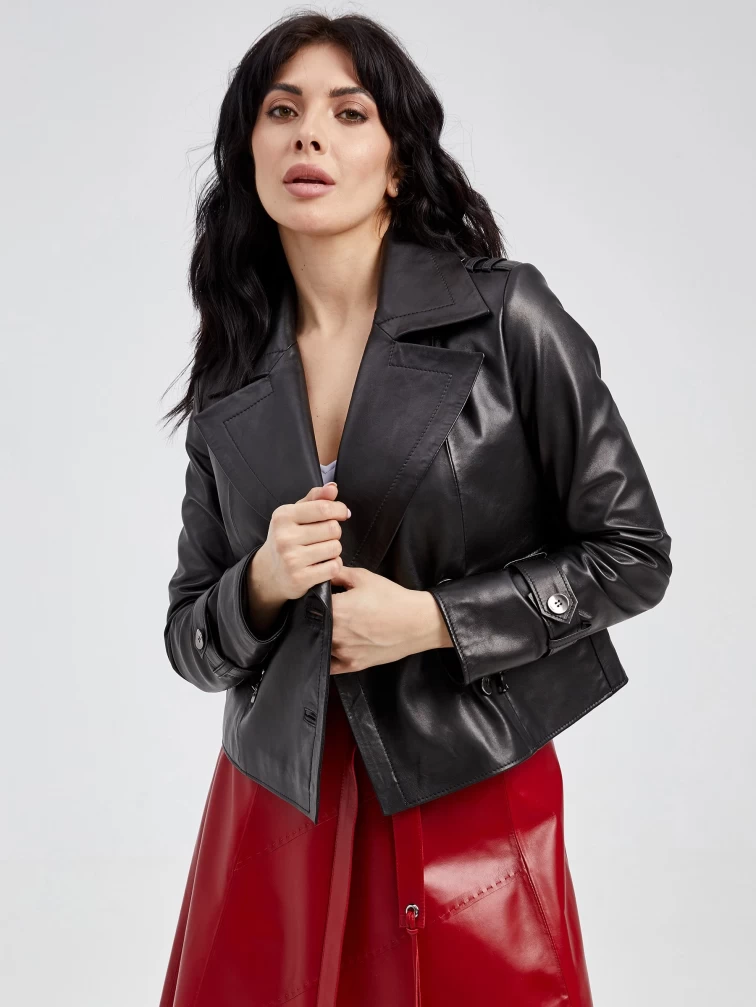 Двубортный кожаный женский пиджак 3014, черный, размер 48, артикул 91571-3