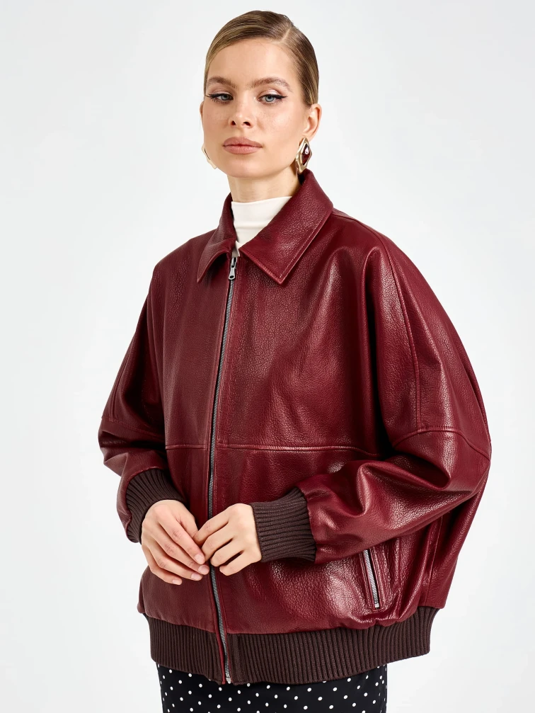 Женская бордовая кожаная куртка бомбер премиум класса 3106, размер 44, артикул 92170-3