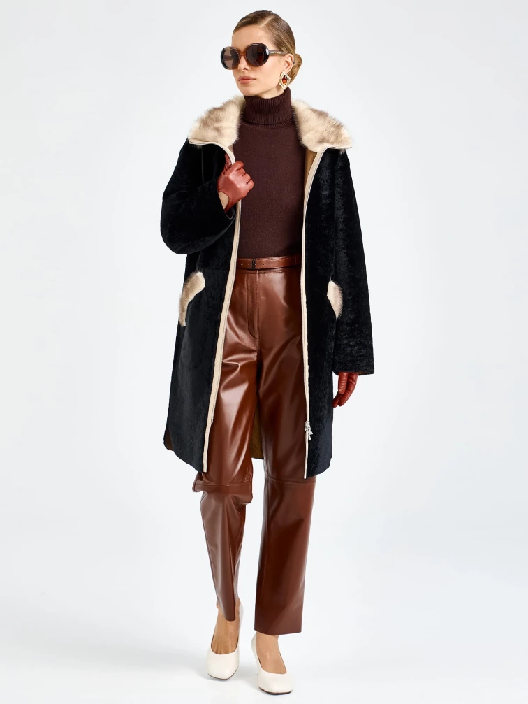 Черная женская дубленка из астрагана с мехом норки премиум класса 2018, размер 44, артикул 65140-7