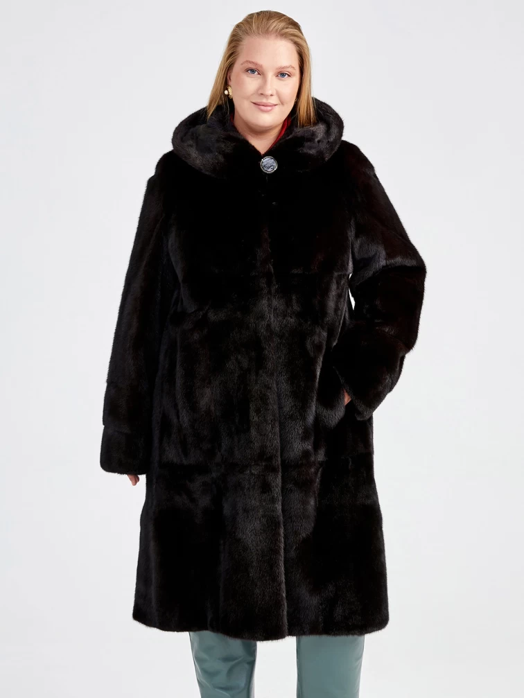 Удлиненная женская норковая шуба с капюшоном Мишель(к), черная, размер 52, артикул 32920-5
