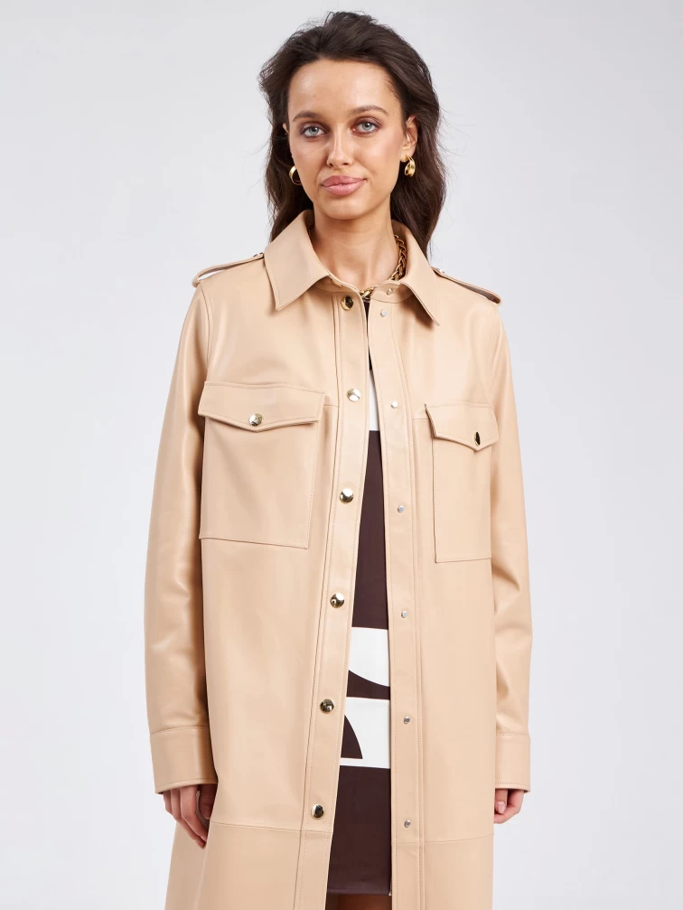 Кожаное женское платье рубашка из натуральной кожи премиум класса 03, бежевая, размер 44, артикул 23180-5