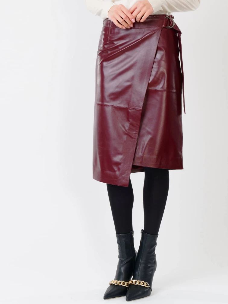 Кожаная юбка миди с запахом 07, бордовая, размер 42, артикул 85351-6