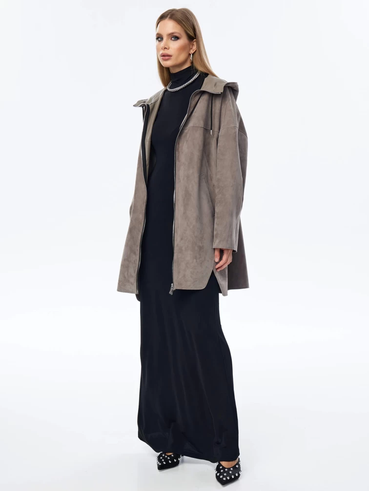 Замшевый плащ оверсайз с капюшоном для женщин премиум класса 3059з, серый, размер 52, артикул 23570-1