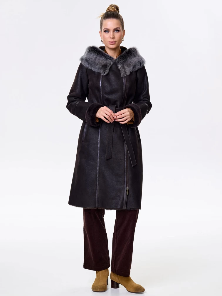 Женская дубленка с капюшоном из тосканы на молнии 265, коричневая, размер 42, артикул 61540-1